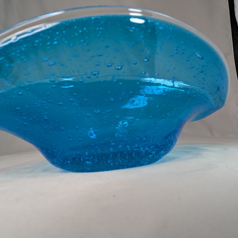 Vtg Blue Bubbled Glass Bowl Art Oblong Candy Dish Flower Vase Fruit Bowl - Picture 10 of 16